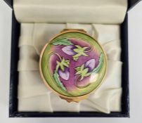 Moorcroft enamel trinket pot, cylindrical and pansy decorated, initialled 'CB' to base, 4.5cm high