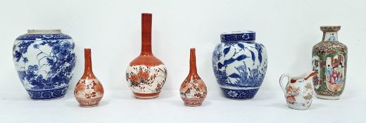 Two various Japanese porcelain ginger jars, a Chinese Canton porcelain rouleau vase, three various