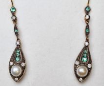 Pair of emerald, pearl and diamond drop earrings, boxed