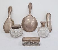 1920's silver-mounted dressing table set viz:- scent bottle with cut glass base, silver and cut