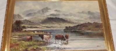 J Morris Pair oils on canvas Highland cattle standing in and by a lake, mountains in the