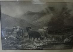 After Douglas Cameron  Black and white print Highland cattle and one other (2)