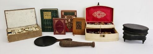 Box of assorted items to include Mahjong set, box of costume jewellery, ebonised boxes, small
