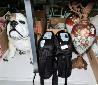 Two Victorian ceramic and metalware grecian style urns, a composite model of an English bulldog