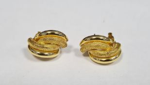 Pair 18K gold earrings, mesh and plain pattern overlapping twin crescents, approx 6.5g