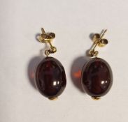 Pair 9ct gold and pink oval bead drop earrings