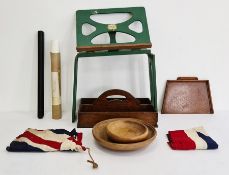 Small collection of treen items to include bowl, plates, Union flag,  Bershaw painted wood book rest