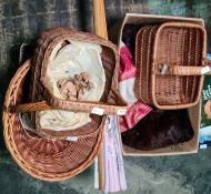 Quantity of damask tray and table cloths, baskets,  musquash fur coat and sundry items and wicker