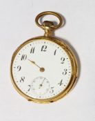 Early 20th century gent's 14K gold open-faced pocket watch having Arabic numerals, subsidiary