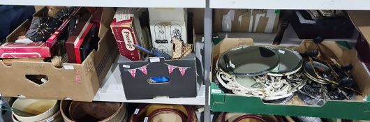 Various circular mirrors, a barometer, a painted metal house sign No. 30, Prestige stainless steel