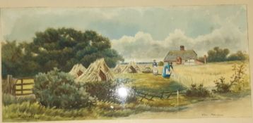 C Masters Pair watercolour drawings  Rural scenes, women harvesting sheaves of corn and a woman