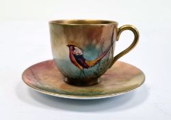 Royal Worcester demi tasse and saucer, printed puce marks, printed date code for 1929, painted by R.