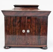 19th century rosewood workbox, the pagoda hinged top opening to reveal compartmented tray