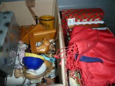 Assorted collectables including wooden elephant book ends, vintage tins, a cashmere pashmina,