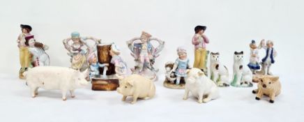 Belleek porcelain model pig, seated, 10cm wide, a Beswick model pig inscribed 'C H Warboy '53',