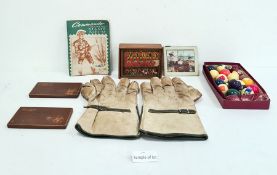 Quantity of coins, cigar cases, flags, camera, stamps, snooker balls, wooden chess pieces and