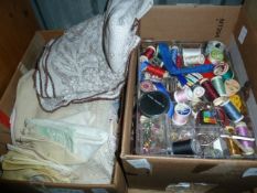 Various table linens, sewing accessories, a footstool, etc (2 boxes)