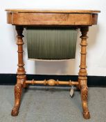 19th century burr walnut and inlaid sewing table, the lozenge-shaped top opening to reveal fitted