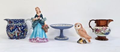 19th century pearlware-style jug, a Beswick pottery owl, a Goebel figurine, a jug and a Wedgwood