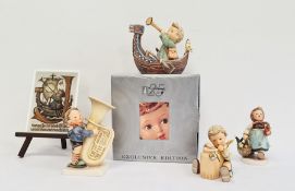 Collection of Goebel ceramics, comprising a rectangular postcard plaque on easel and four Hummel fig