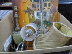 Modern freeform stainless steel table lamp, two other table lamp and a painting (1 box and prints)