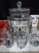 Assorted glassware including a speckled glass bubble glass and decorated biscuit barrel, a bubble