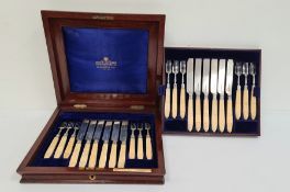 Mappin Brothers solid silver blades and bone-handled fruit knives and forks for 12, in mahogany