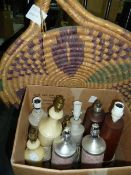 Various table lamps including one pair of wooden-based, alabaster, brass-coloured metal, etc, a