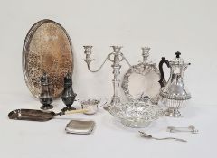 Pair of silver plated sugar casters, a circular pierced dish, a tray, a jug, etc