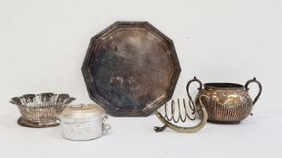 Aluminium trinket pot marked 'Lallubhai Amichand Ltd, Bombay' to reverse, a silver-plated dish, a