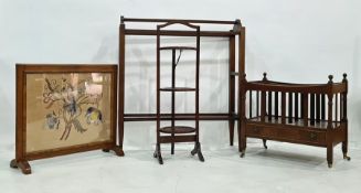 Reproduction mahogany canterbury, a three-tier folding cakestand, a mahogany towel rail and a fire