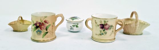 Royal Worcester blush ivory ground miniature tyg painted with rose sprays, printed puce marks,