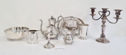 Quantity of plated ware to include candlestick, bowl, dishes, teapots, etc (1 box)
