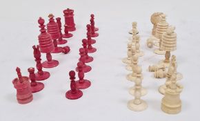 19th century carved bone and stained red chess set