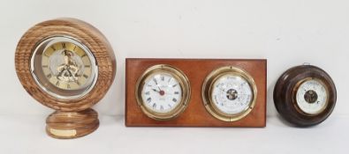 Modern oak-framed skeleton mantel clock, a wall-mounted clock and barometer and an oak-mounted