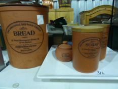 Original Suffolk crock, Henry Watson pottery, two storage jars, a lidded sugar bowl, large square