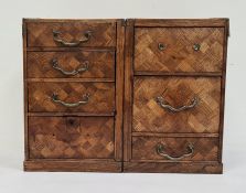 Two parquetry inlaid chests of drawers raised on plinth bases (attached later at back), 28cm high