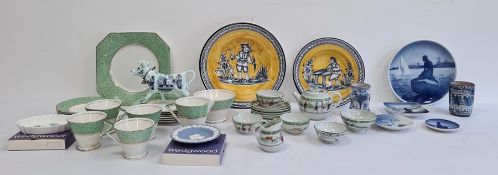Two Royal Copenhagen pin trays, a similar plate, a Japanese doll's tea service, Art Deco-style