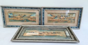 Three Oriental relief pictures depicting pagodas in a landscape, one larger, two smaller, 32cm x