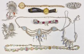 Two various 9ct gold watches, a collection of brooches, costume necklaces, etc (3 boxes)