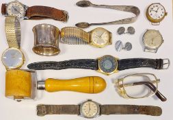 Collection of gentleman's wristwatches, a silver napkin ring, boxed, two various silver spoons and