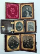 Family portrait photographic miniatures, some set in brown leather cases