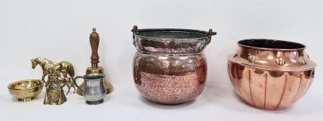 Arts & Crafts copperware jardiniere, a swing-handled cauldron, various brass horses, a pewter