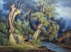 Unattributed (19th century school) Watercolour drawing Fisherman by river, signed indistinctly lower