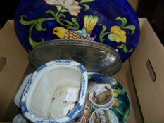 Large Italian painted platter, a pair of reproduction Prattware pots and lids and other ceramics (
