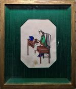 A pair of late 19th / early 20th century Chinese rice paintings of ladies in green robes, seated