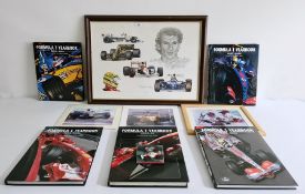 Collection of Formula 1 yearbooks 2002-2009, various signed racing prints and a Stuart McIntyre