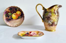 Royal Worcester fruit painted jug by E. Townsend, printed puce marks, 20th century, painting with