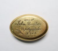 Early 20th century miner's brass snuff box, engraved 'John Rendells, Bridgewater 1902'
