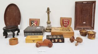 Wooden boxes, Oriental porcelain wooden stands, various shields, a porcupine coil box, an Anglo-